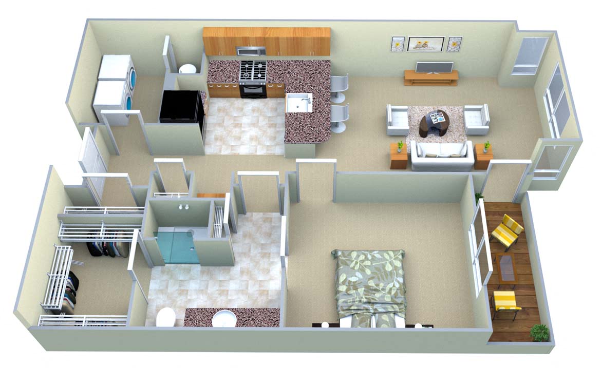 Floor plan for 1 bed, 1 bath, 750 sqft